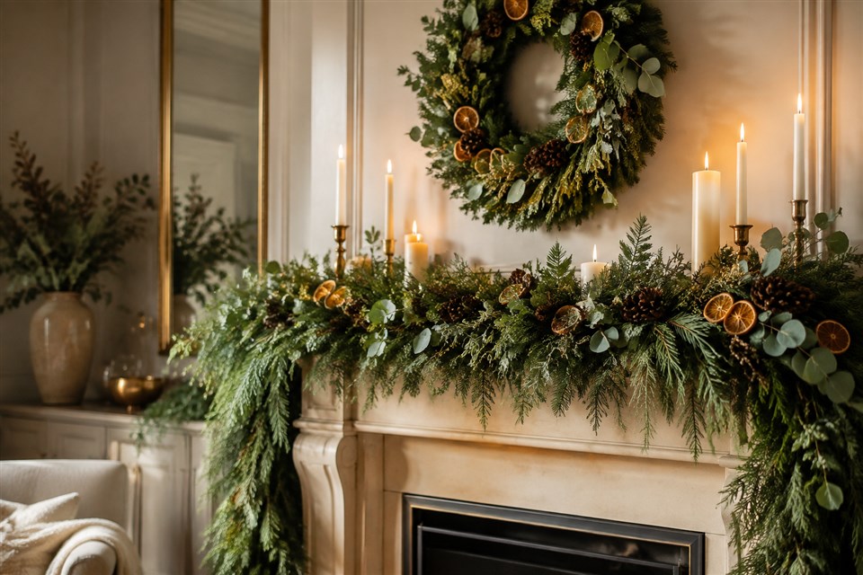 Bespoke Christmas wreath and mantel garland by Bloomin’ Chic Florist Oxford