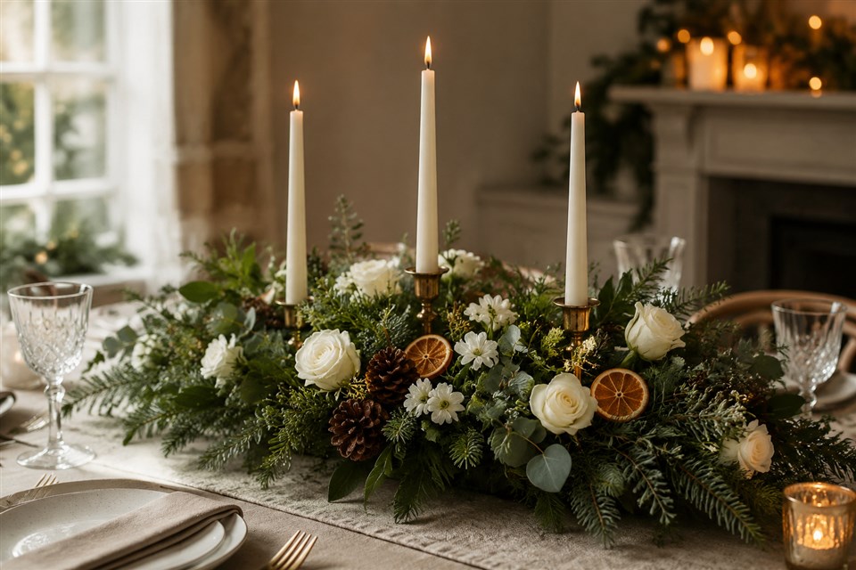 Luxury Christmas table arrangement with candles by Bloomin’ Chic Florist Oxford
